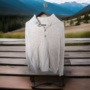 Men's Eddie Bauer LG Tweed Knit Sweater Button Neck Cotton Wool Blend Ivory Mock